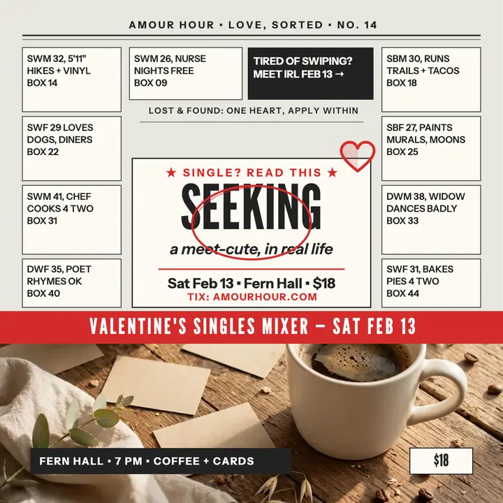 Amour Hour Valentine's mixer classifieds: valentine's singles mixer post template