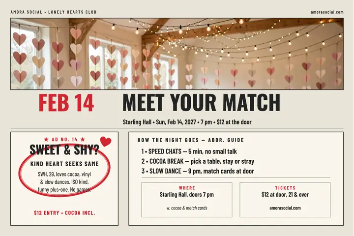 Amora Social Valentine mixer postcard: valentine mixer postcard template