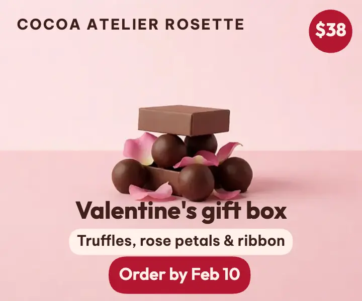 Cocoa Atelier Rosette Valentine's truffle box ad: valentine's gift box ad template