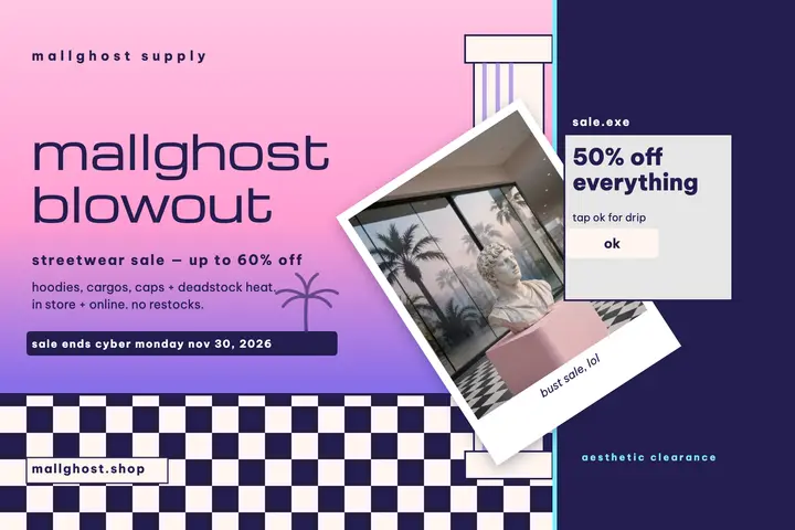 Mallghost streetwear sale postcard: streetwear sale postcard template