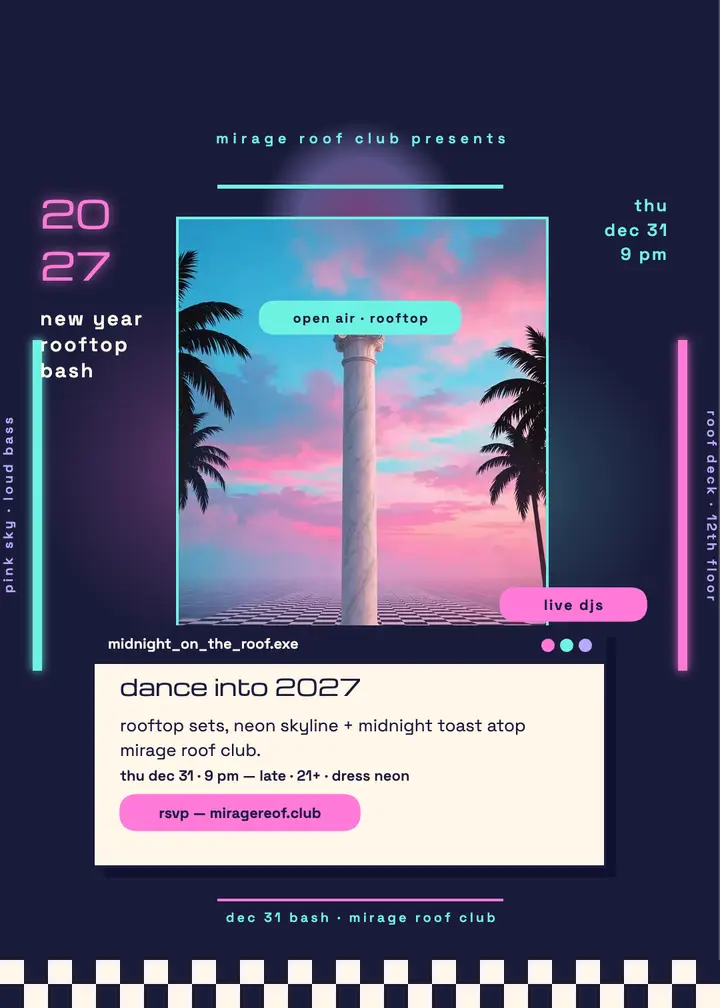 Mirage Roof Club neon New Year invite template