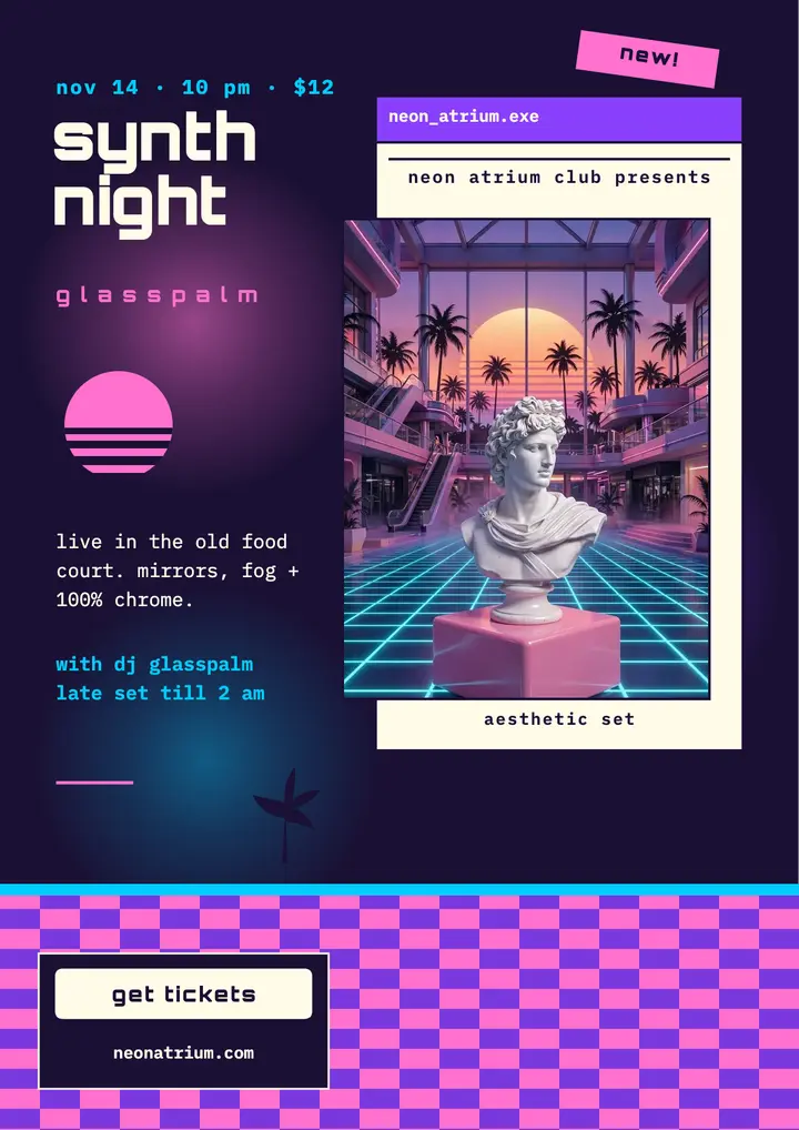 Glasspalm synth night vaporwave flyer: dj night flyer template