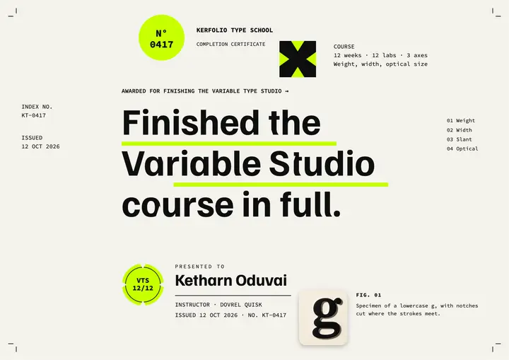 Variable type course certificate, ink-trap tech type template