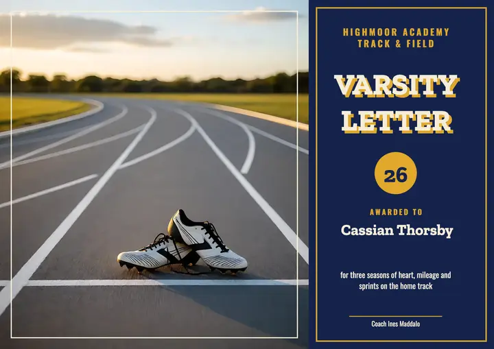Varsity letter award, track and field certificate template