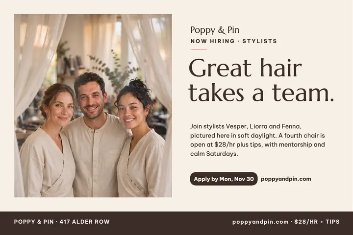 Poppy and Pin veiled stylist hiring postcard: salon hiring postcard template