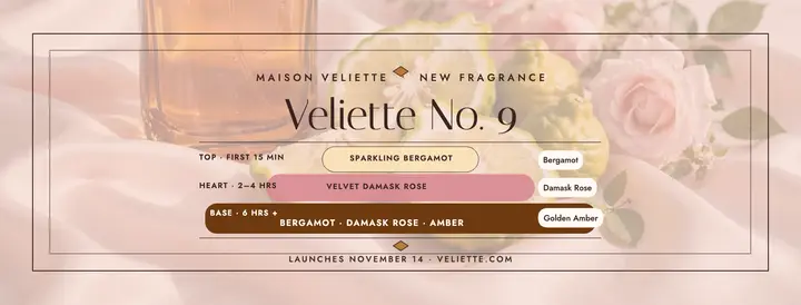 Veliette No. 9 amber perfume launch cover template