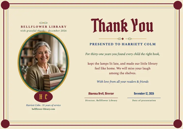 Vellum retirement thank you certificate template