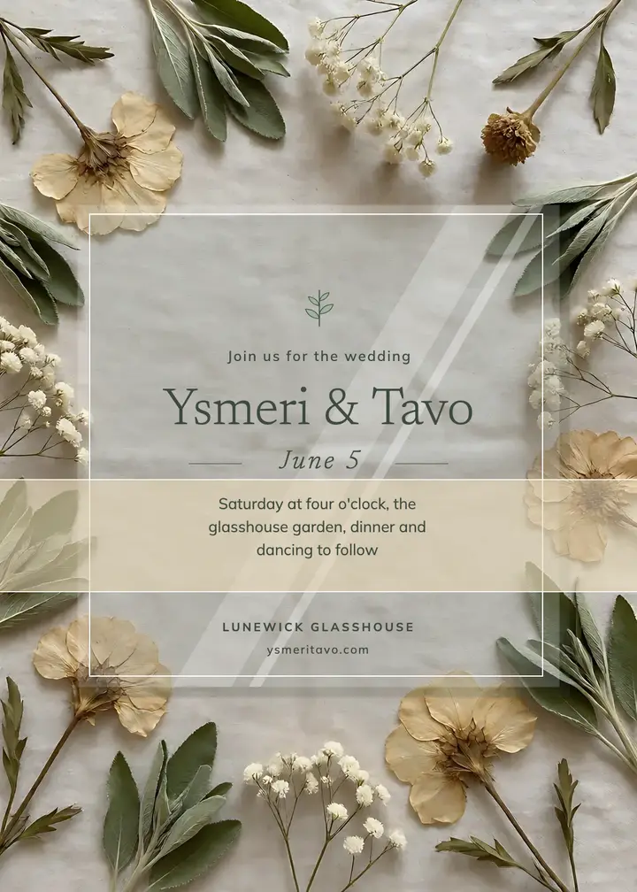 Acrylic card wedding invitation on pressed flowers and linen template