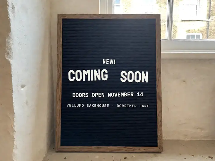 Vellumo Bakehouse coming soon letterboard slide: bakery coming soon slide template