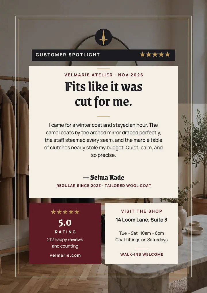 Velmarie Atelier boutique review flyer: boutique review flyer template