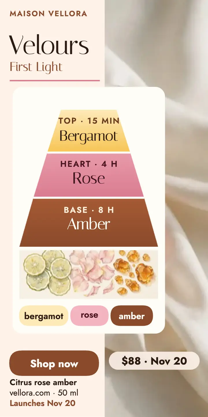 Velours First Light perfume notes ad: perfume launch ad template