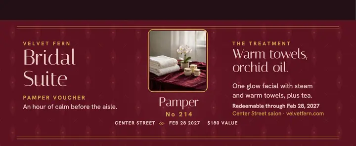 Velvet Fern bridal suite pamper voucher template