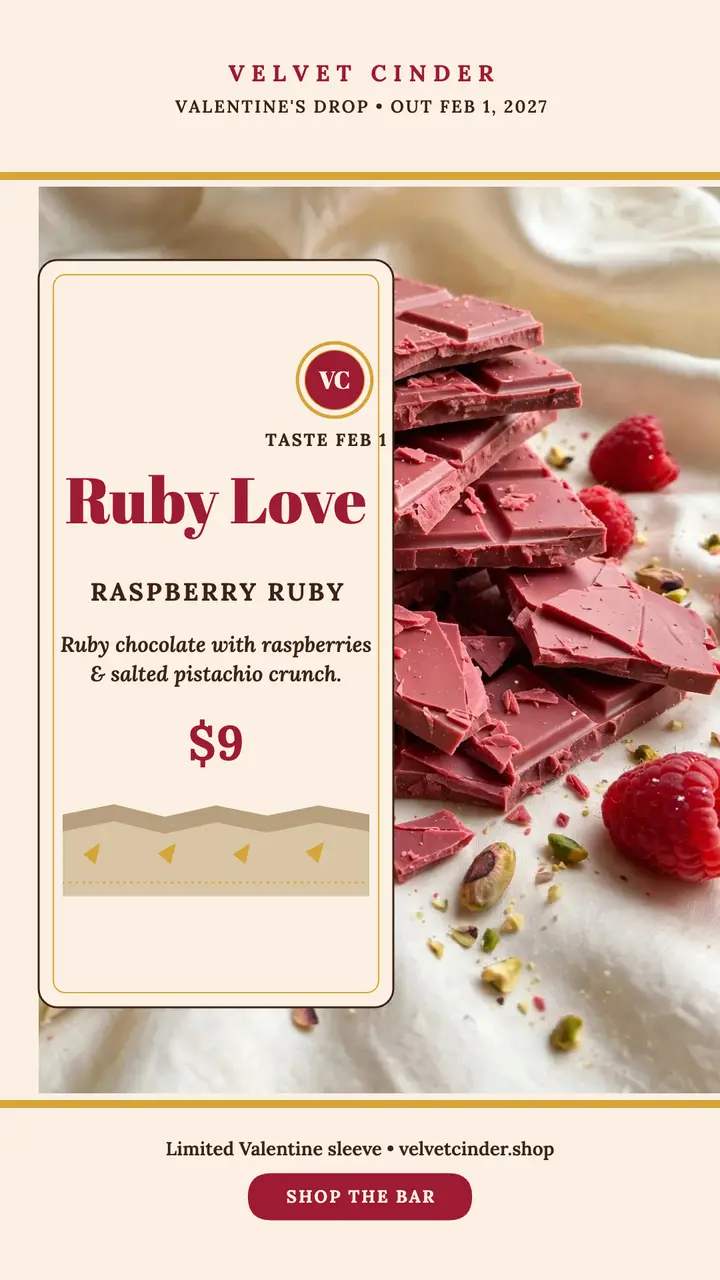 Velvet Cinder ruby chocolate Valentine story template