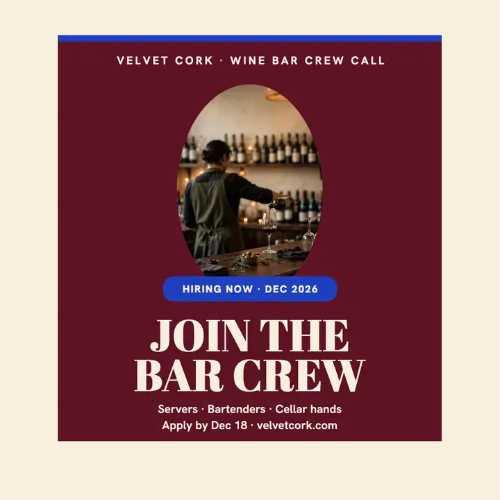 Velvet Cork bar crew call: wine bar hiring post template