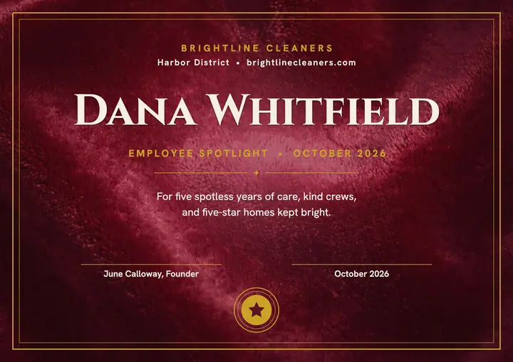 Brightline velvet employee spotlight certificate template