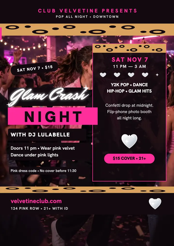 Velvetine Glam Crash club night flyer template