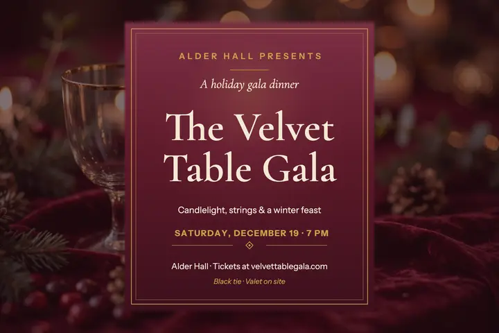 Velvet Table Gala holiday postcard template