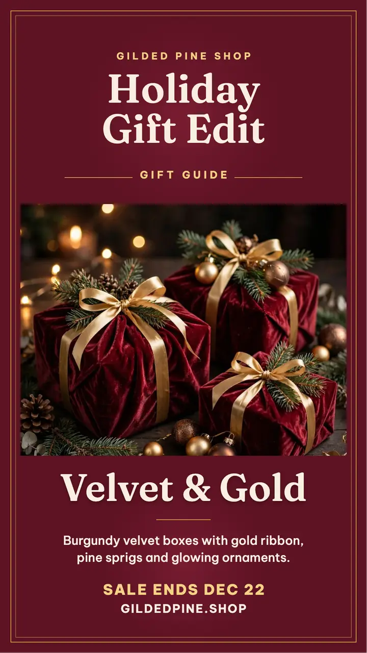 Gilded Pine velvet holiday gift story template