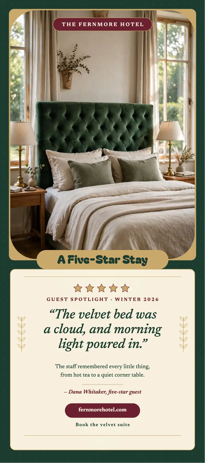 Fernmore Hotel five-star review rack card template