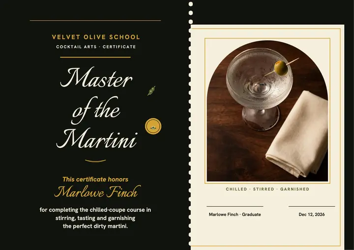 Velvet Olive martini masterclass certificate template