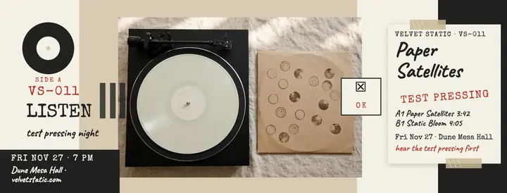 Velvet Static test pressing listening night cover template