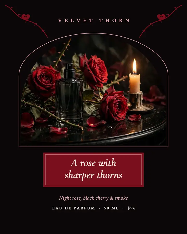Velvet Thorn perfume post, dark romance template
