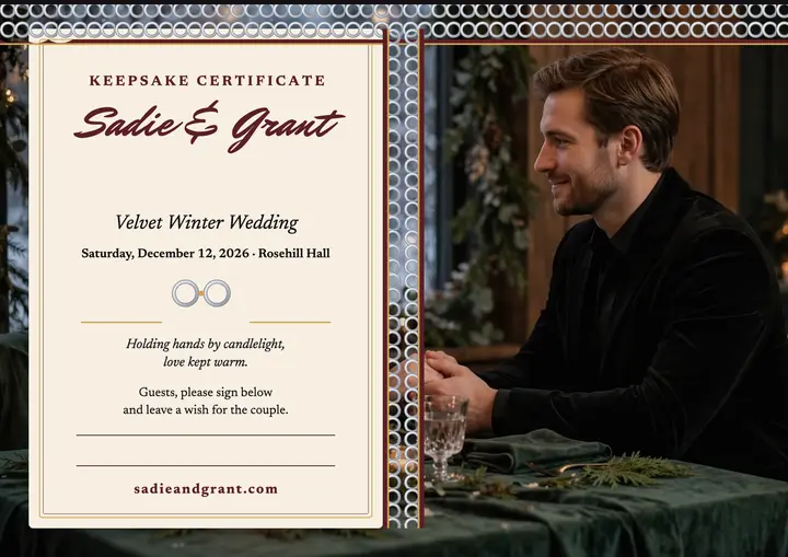 Sadie and Grant velvet keepsake certificate: wedding keepsake certificate template