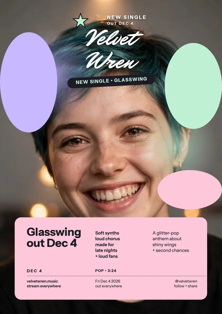 Velvet Wren Glasswing single cover template