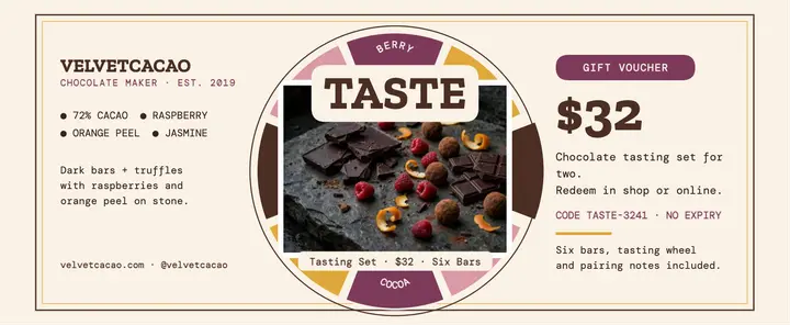 Velvetcacao chocolate tasting gift voucher template