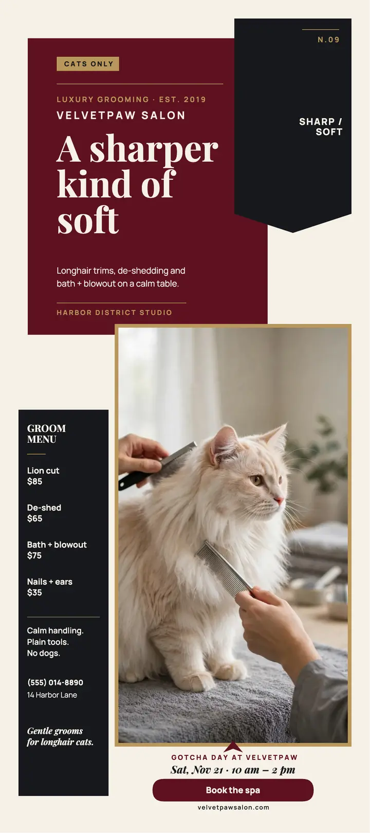 Velvetpaw Salon cat grooming rack card template