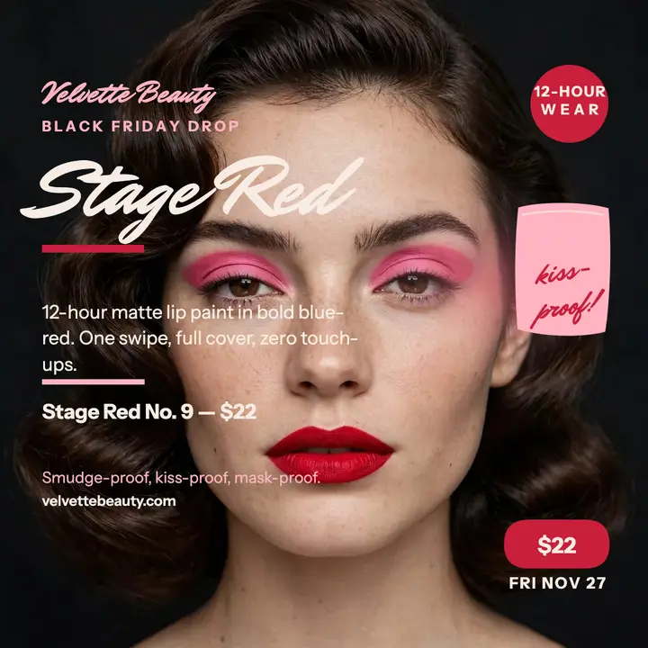 Velvette Stage Red lip paint drop post template