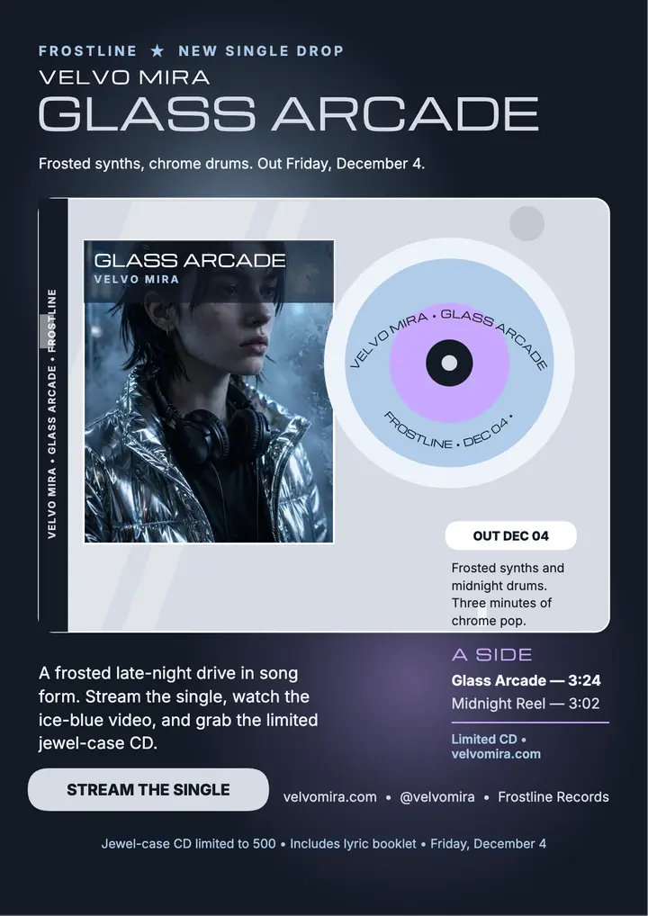 Velvo Mira Glass Arcade jewel case flyer: single drop flyer template