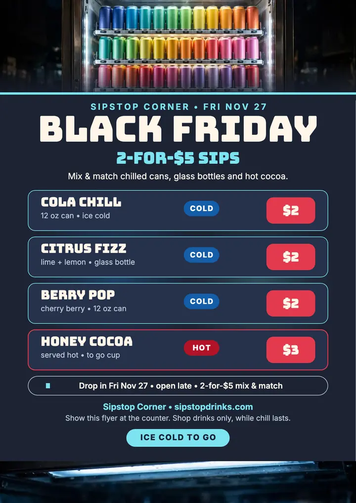 Sipstop Corner Black Friday drinks flyer: black friday drinks flyer template