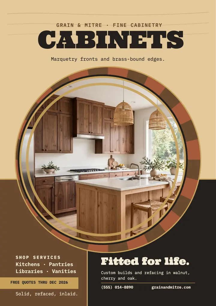 Grain and Mitre cabinet flyer: cabinet maker flyer template