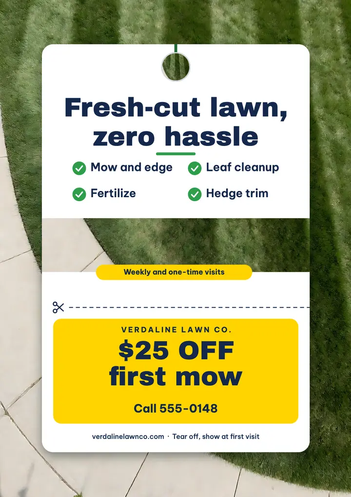Verdaline Lawn Co. door hanger flyer with tear-off coupon template