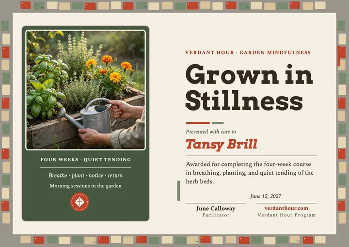 Verdant Hour garden certificate template
