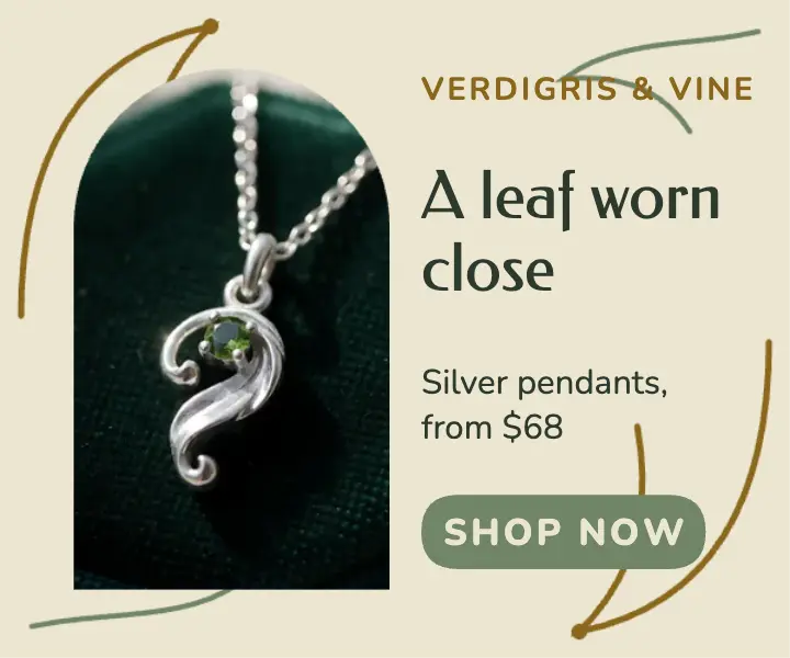 Verdigris & Vine leaf pendant ad, art nouveau template