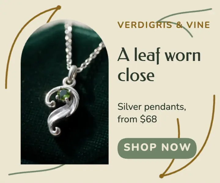 Verdigris & Vine leaf pendant ad, art nouveau template