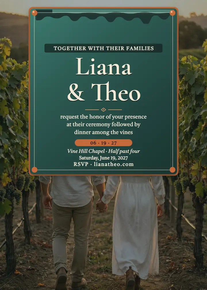 Liana and Theo vineyard wedding invitation: vineyard wedding invitation template