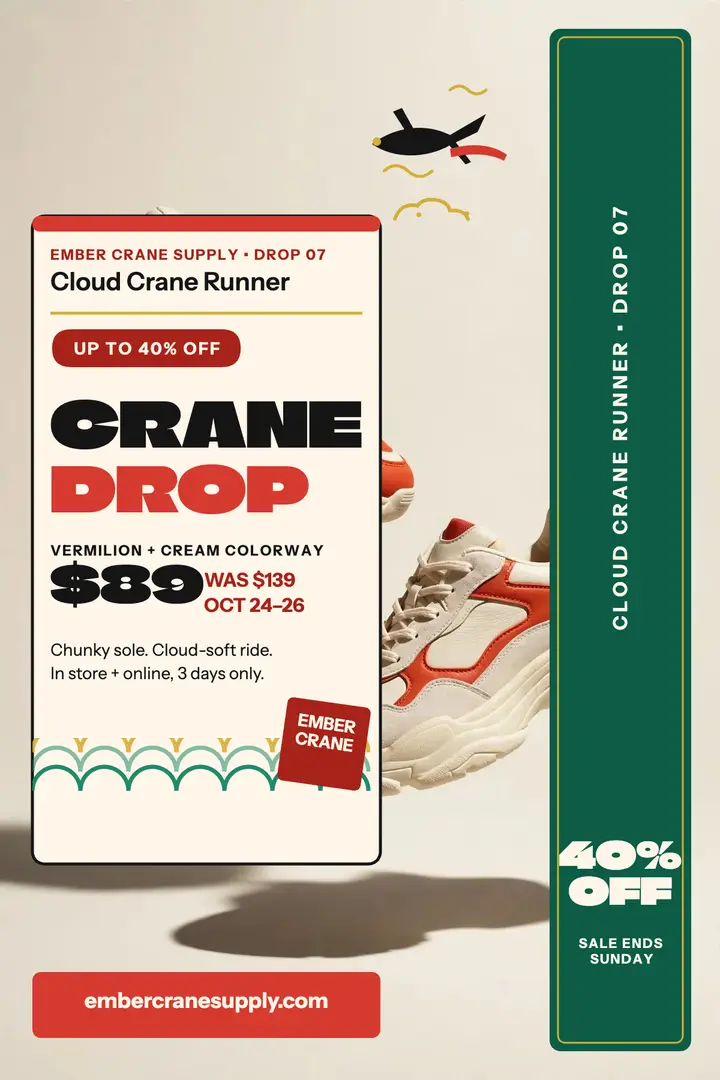 Ember Crane sneaker drop sale poster template