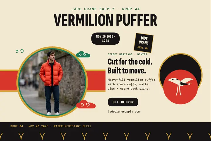Jade Crane vermilion puffer drop card template