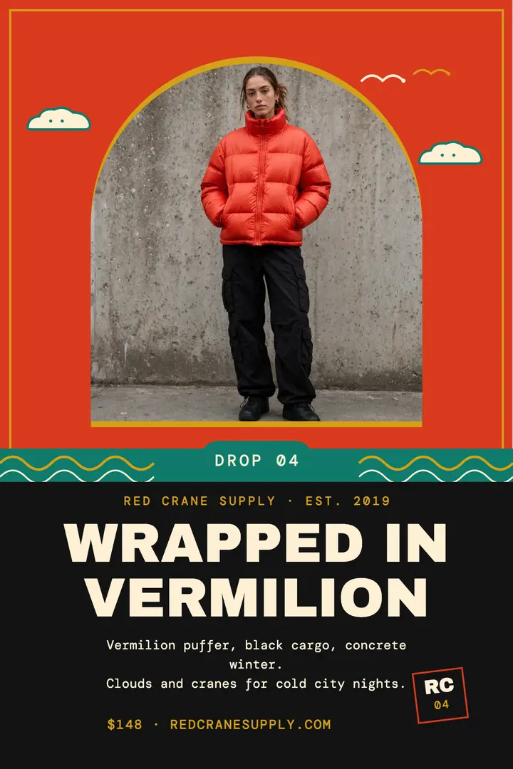 Red Crane Supply vermilion puffer drop poster template