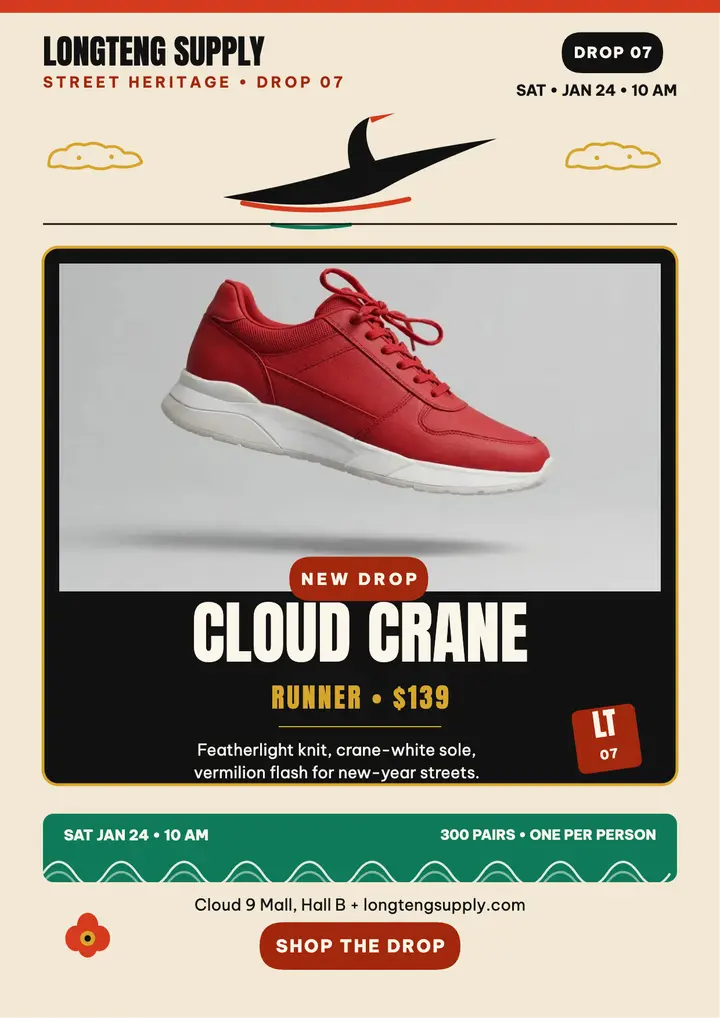 Longteng Cloud Crane sneaker flyer template