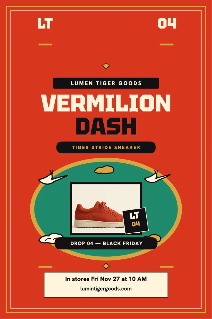 Lumen Tiger vermilion sneaker drop poster template
