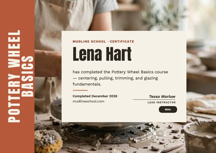 Mudline pottery wheel certificate, vertical spine template