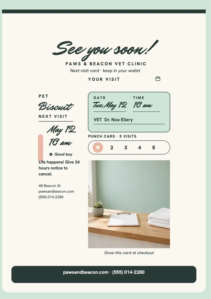 Paws and Beacon next visit card flyer template