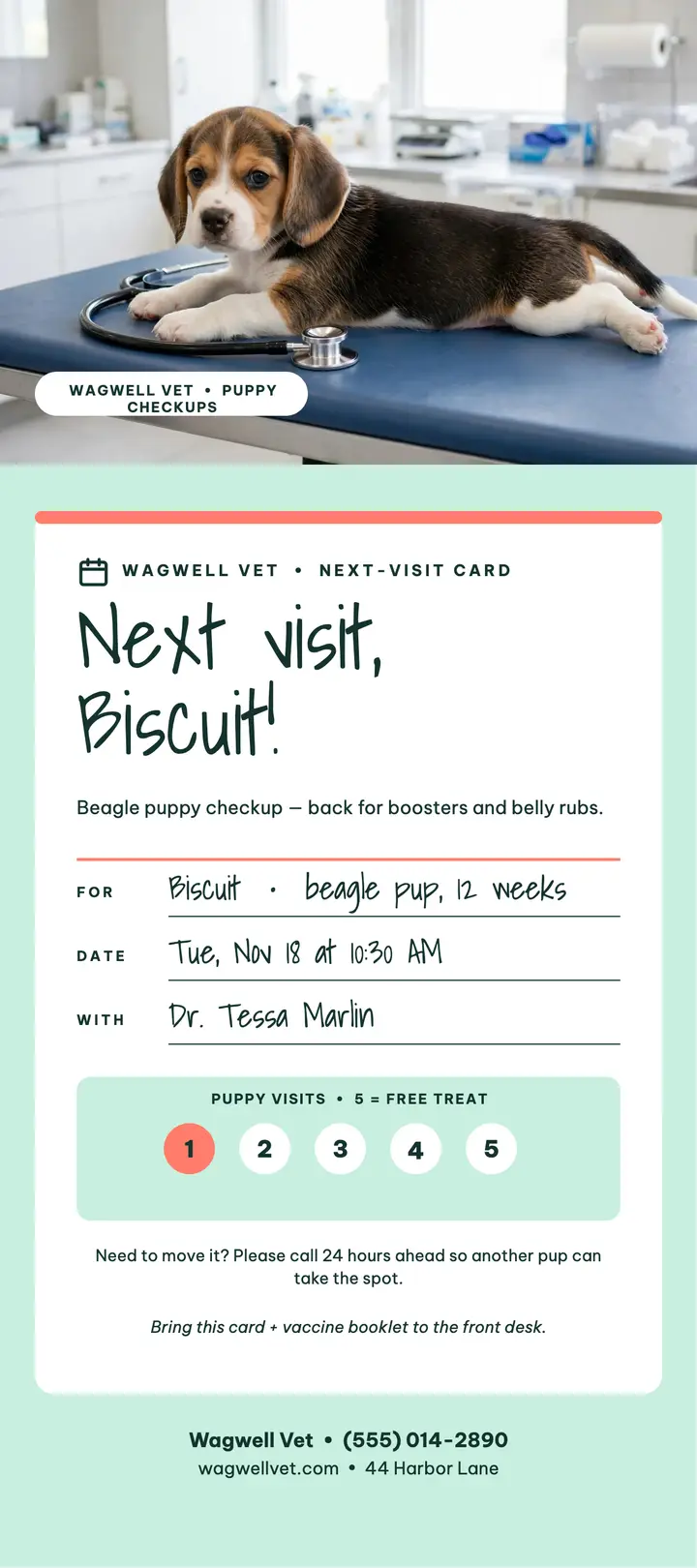 Wagwell Vet puppy next visit rack card template