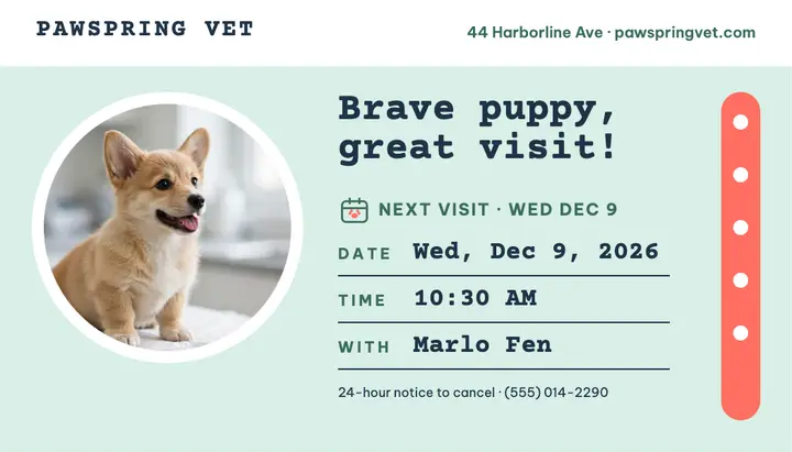 Pawspring Vet next visit wallet card template