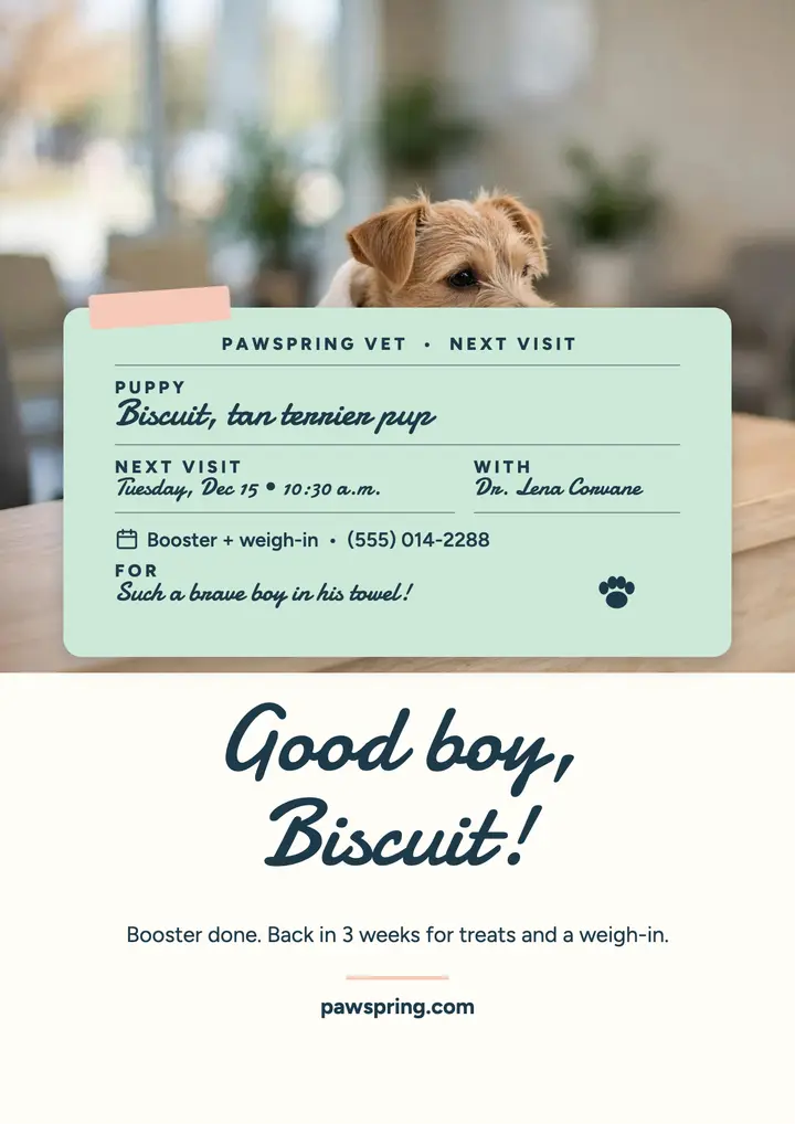 Pawspring Vet puppy visit card flyer: vet visit card flyer template