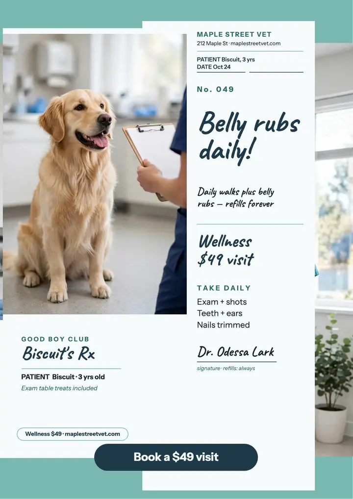 Maple Street Vet wellness Rx flyer: vet wellness flyer template